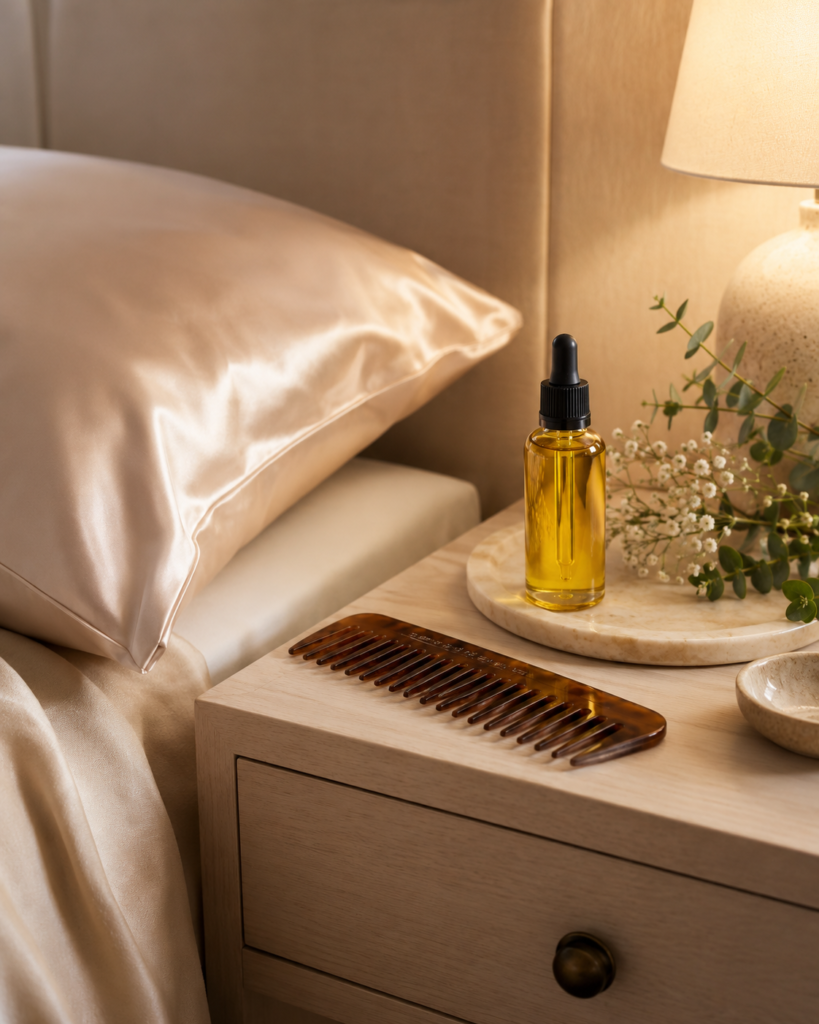 Silk pillowcase wide tooth comb and natural hair oil for protecting brittle hair