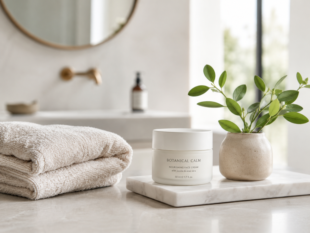 Simple natural skincare routine setup with cream jar, towel, and plant on bathroom vanity.