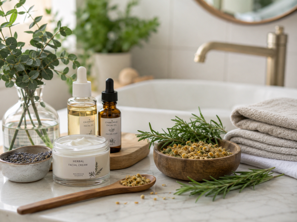Natural skincare ingredients and products arranged neatly for a gentle beauty routine.