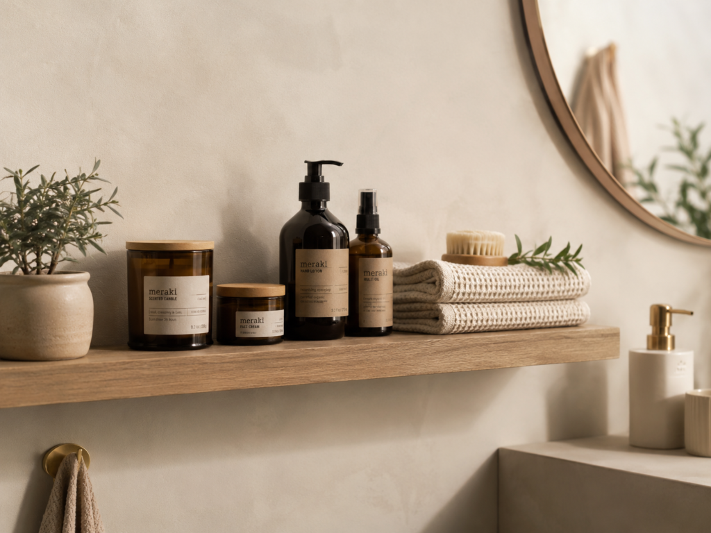 Earthy plant-based skincare products displayed on a minimal bathroom shelf with plants.