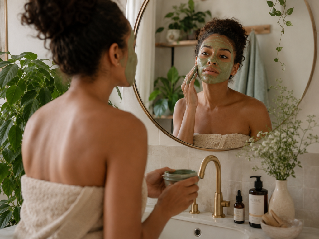 Person using an earthy plant-based clay mask as part of a natural skincare routine.