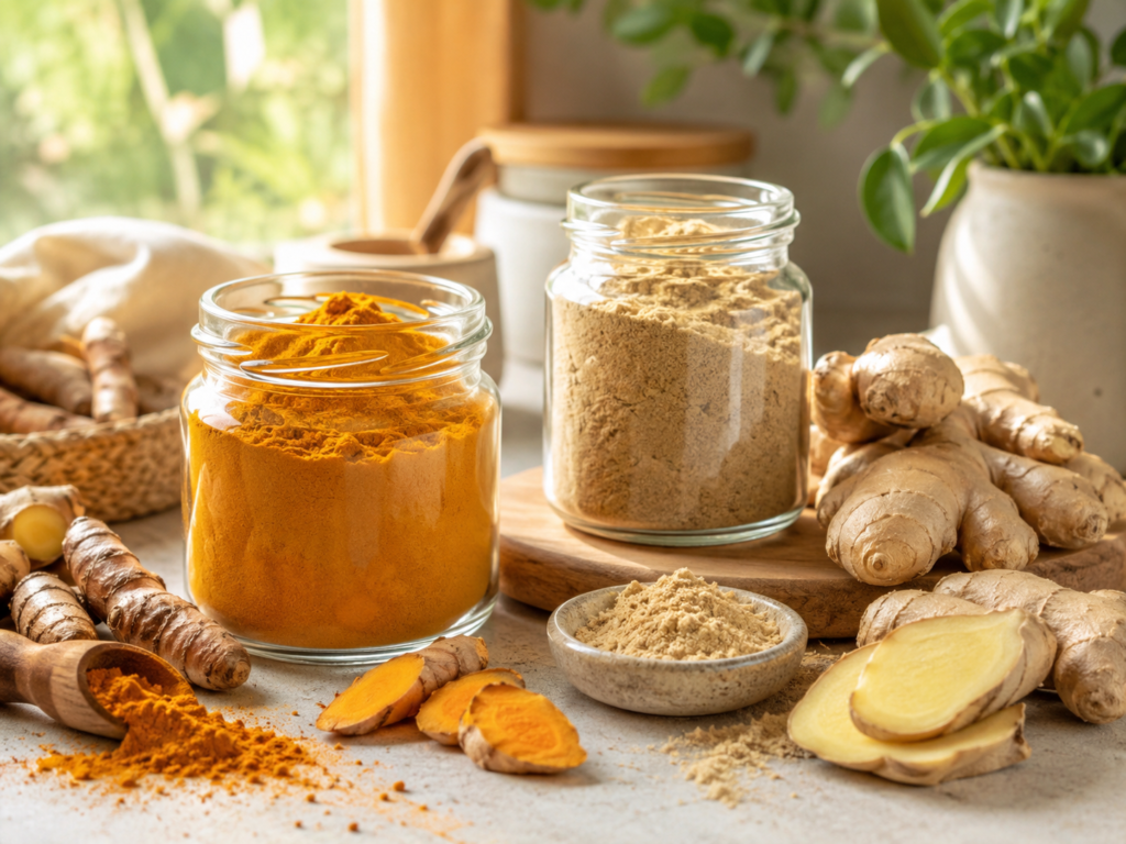 Turmeric and ginger powders and fresh roots in glass jars for home wellness pantry
