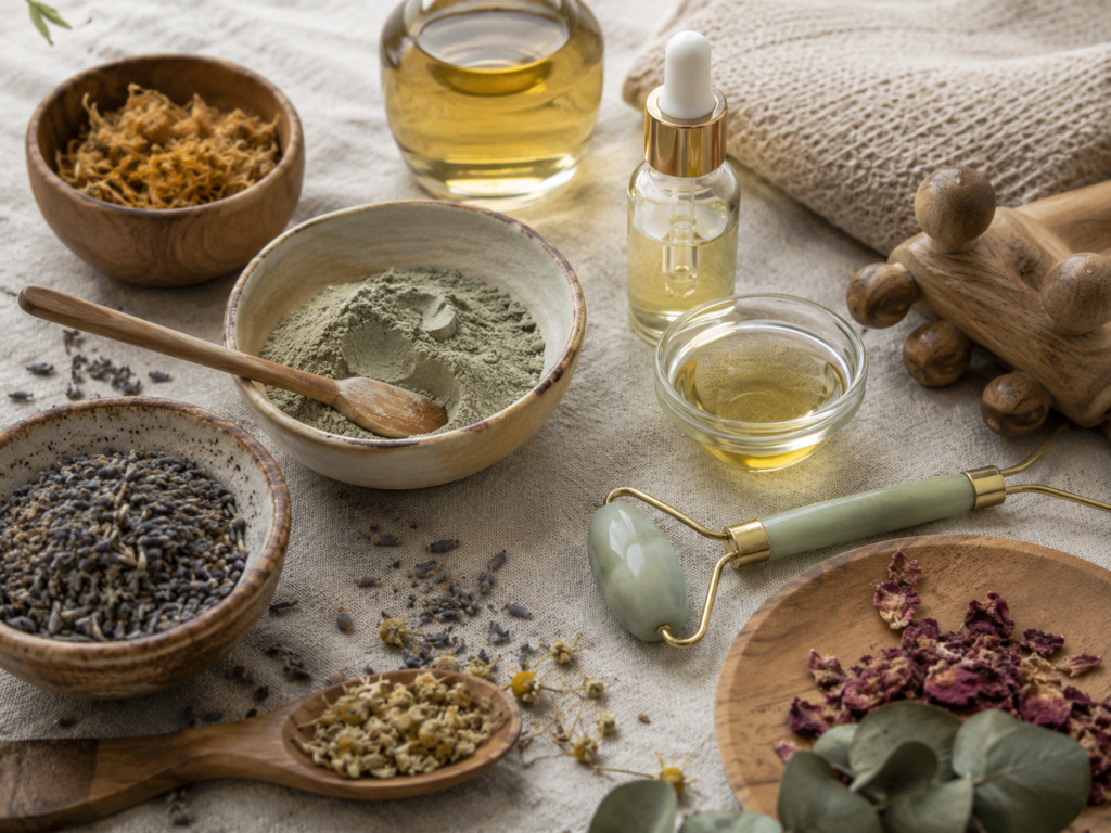 Earthy plant-based wellness ingredients with herbs, clay, oils, and natural skincare tools.