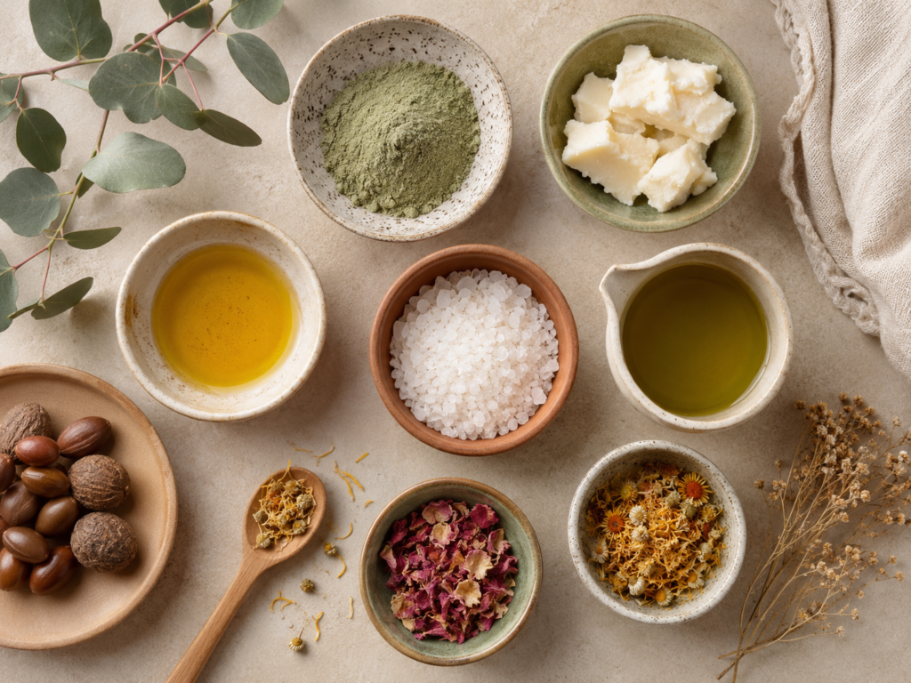 Natural earthy skincare ingredients including plant oils, clay, sea salt, butter, and dried botanicals.