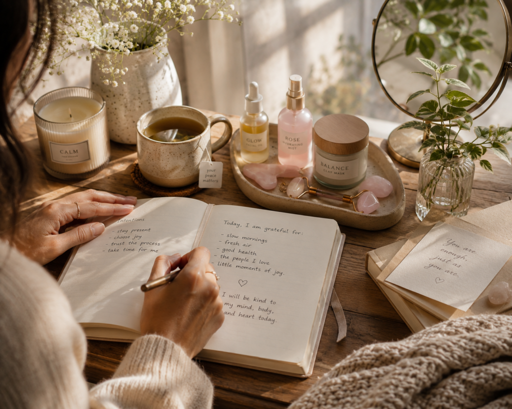 Person journaling beside tea and skincare products during a mindful wellness ritual.