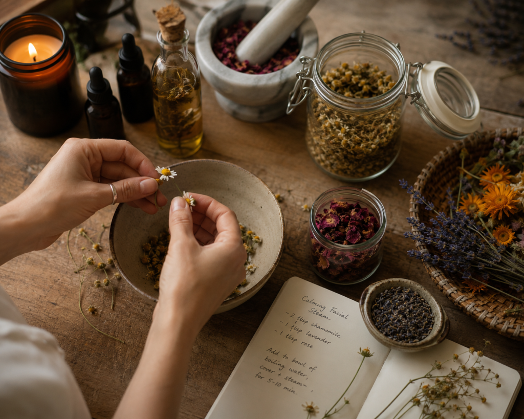 Hands preparing botanicals for a traditional wellness and skincare ritual.