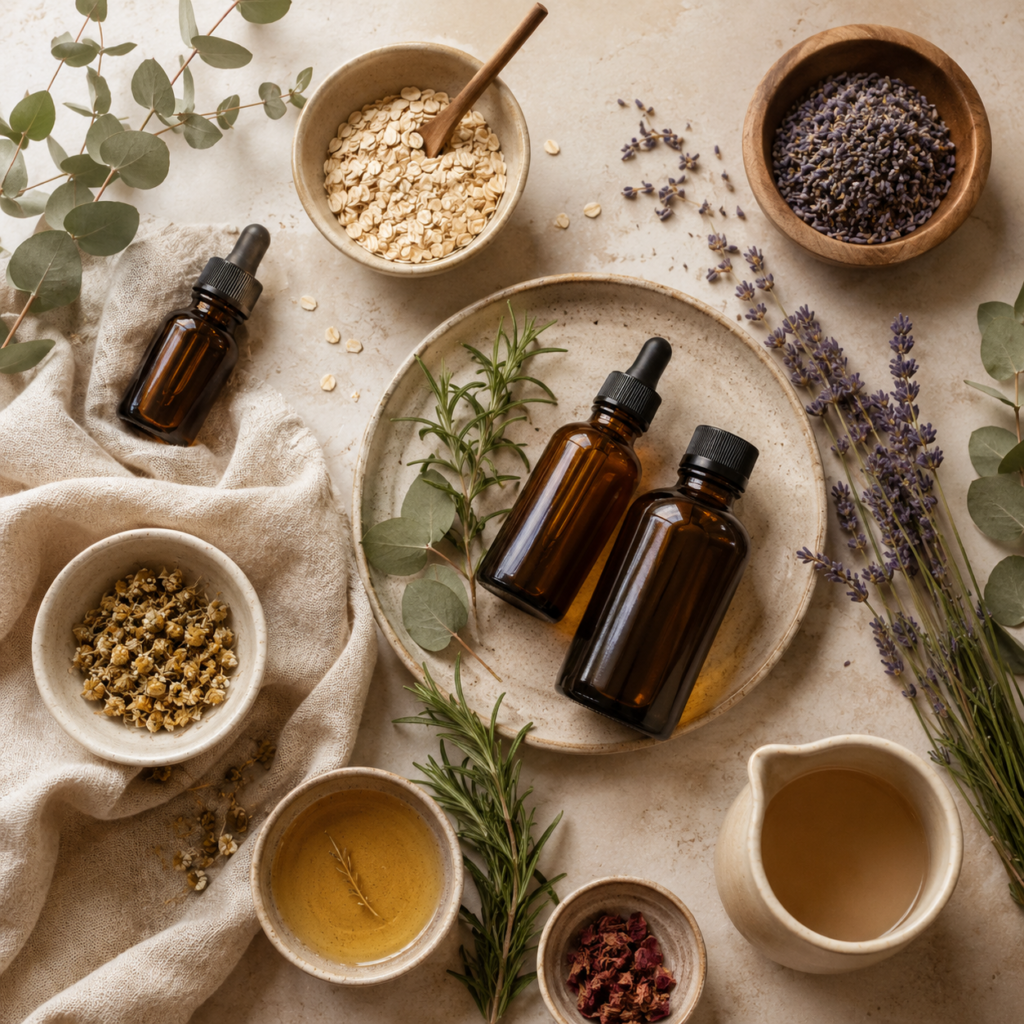 Natural oils and herbs used in heritage-inspired skincare and wellness routines.