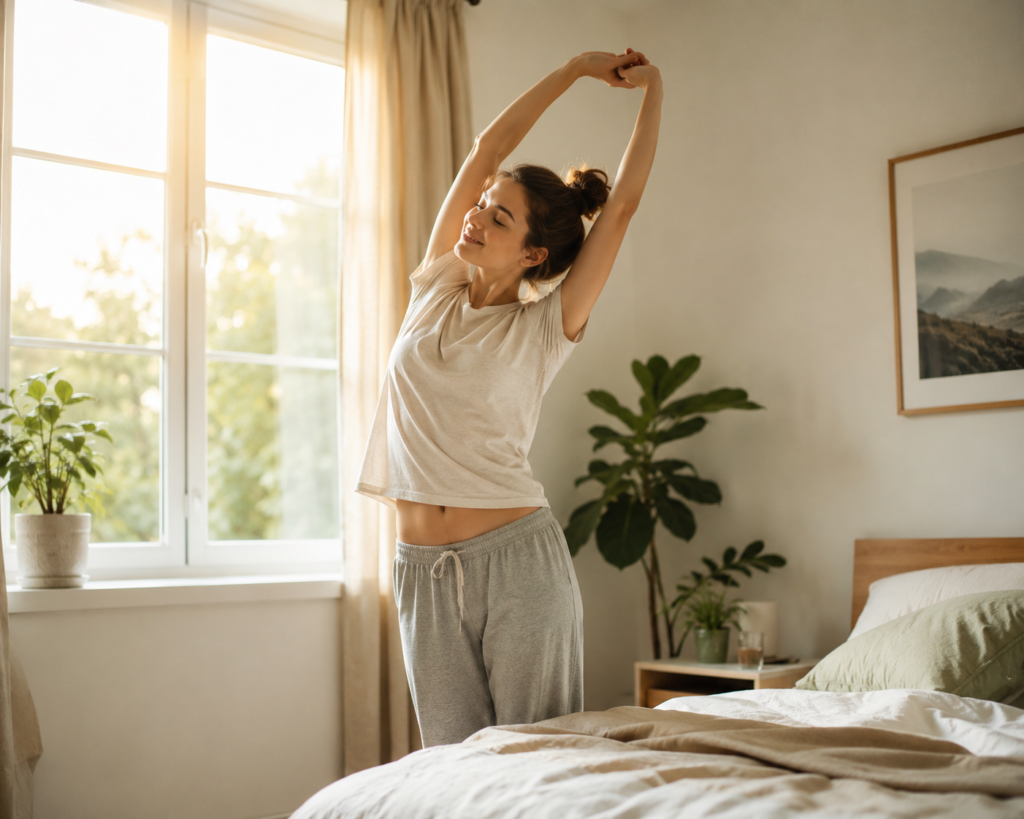 Person stretching in a bright bedroom as part of a healthy morning routine.