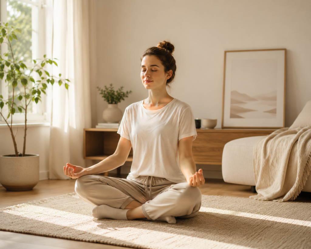 Individual practicing meditation at home in a calm and relaxing space.