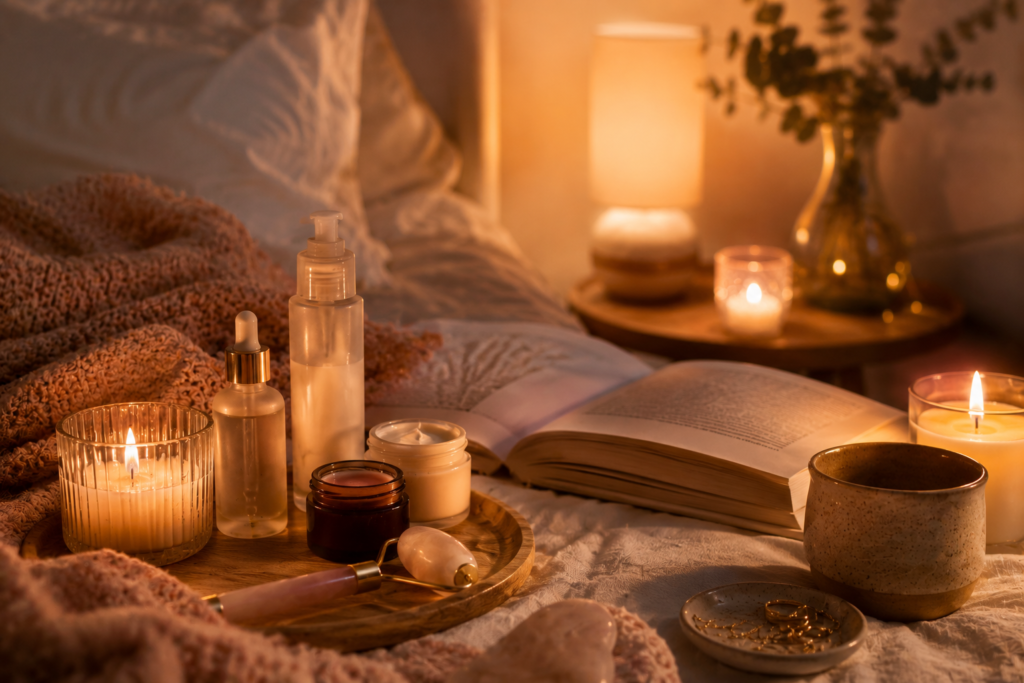 Peaceful nighttime self-care routine with skincare and relaxation essentials.