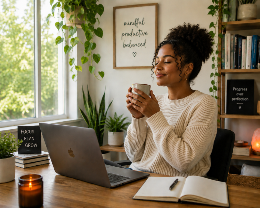 Professional practicing mindfulness during a work break at home