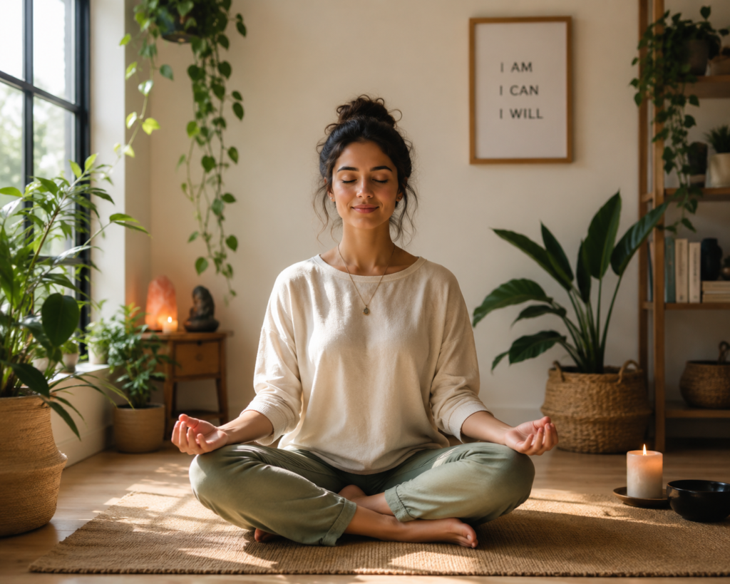 Individual practicing meditation to improve mental wellness and balance
