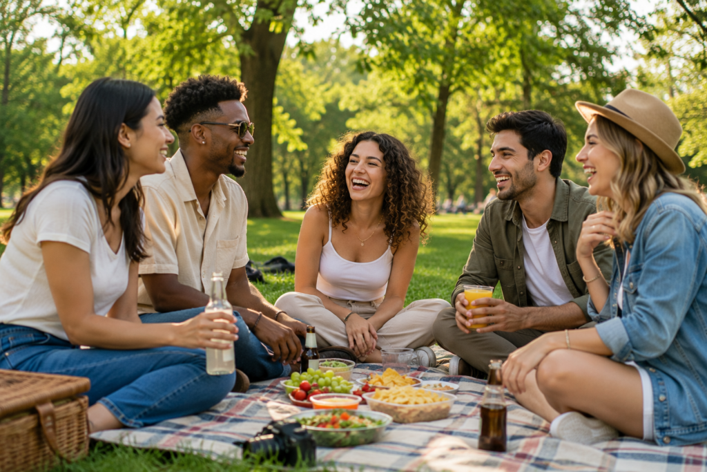 Friends connecting outdoors to support social well-being and work-life balance