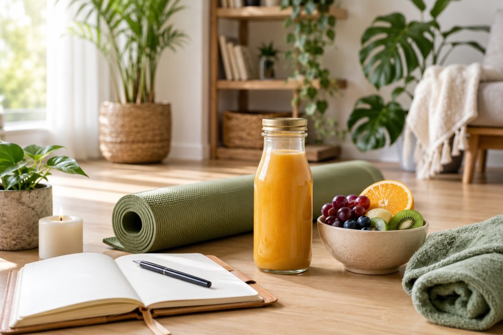 Daily wellness routine featuring a vitality elixir alongside healthy lifestyle essentials.