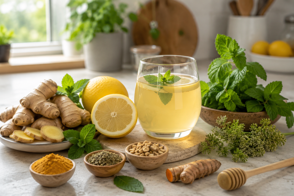 Herbal vitality elixir made with ginger, lemon, and fresh mint.