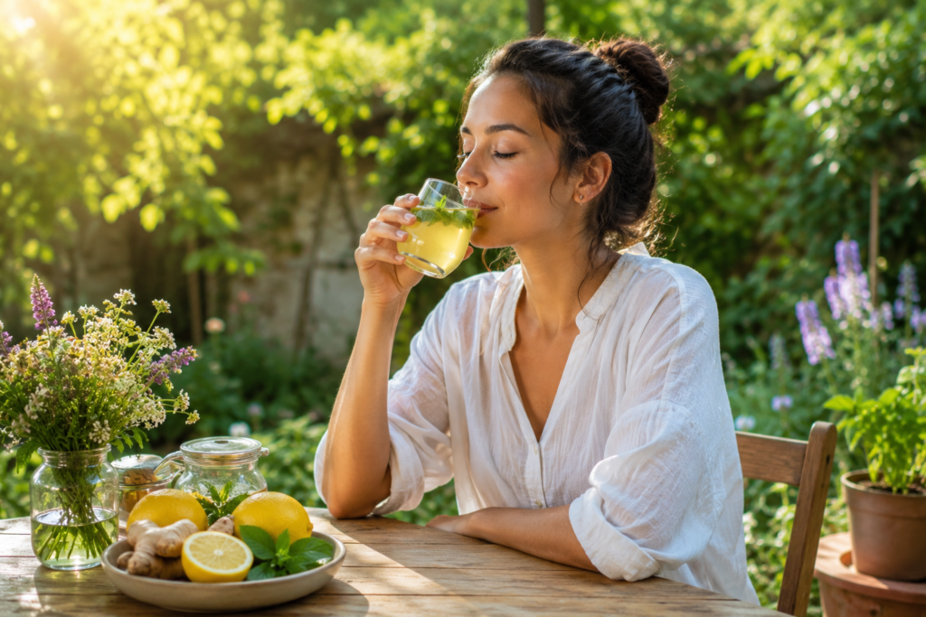Person enjoying a naturopathic vitality elixir during a relaxing wellness break.