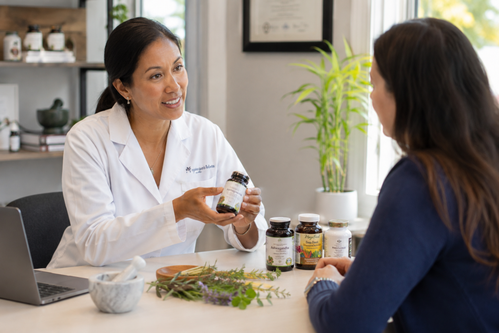 Healthcare professional explaining herbal supplement safety to a patient.