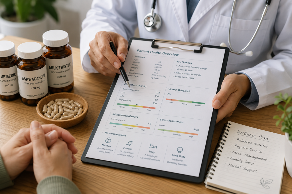 Patient reviewing herbal supplement options with a healthcare provider.