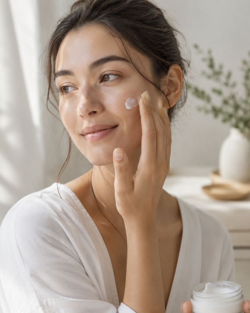 Person applying gentle natural moisturizer to sensitive skin.
