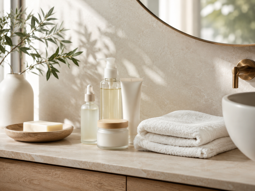 Natural skincare products for sensitive skin on a clean bathroom counter.