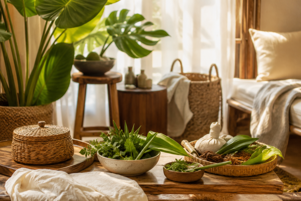 Peaceful Filipino-inspired holistic wellness space with natural botanicals and warm minimalist interiors.