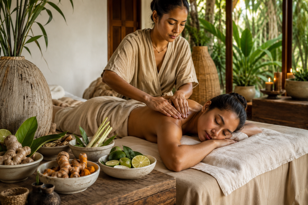 Woman enjoying a calming holistic wellness ritual inspired by traditional Hilot in a botanical setting.