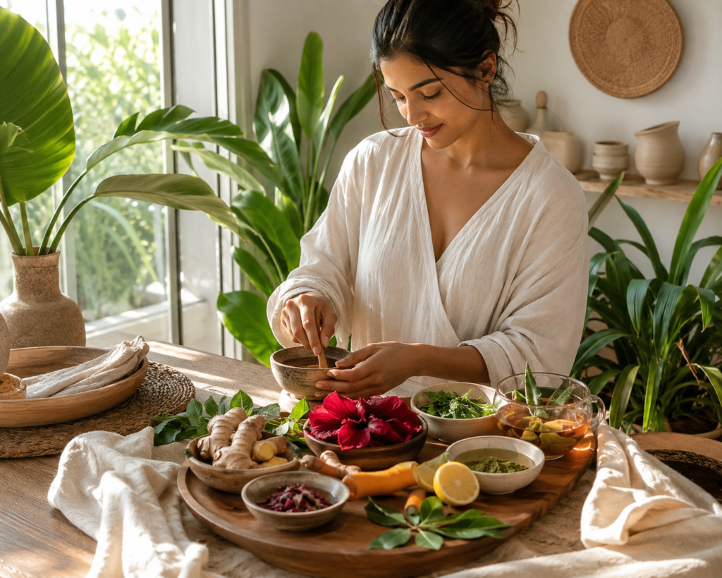 Botanical self-care ritual featuring fresh herbs and natural wellness ingredients in a calming home setting.