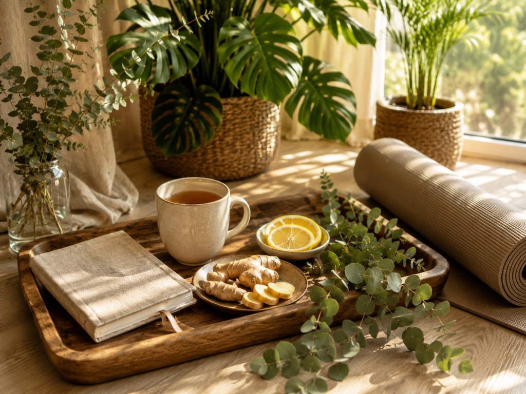 Morning wellness ritual with herbal tea, journal, and natural botanical elements.