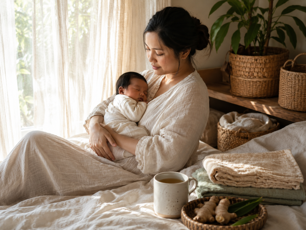 Filipino mother practicing gentle postpartum self-care while resting with her newborn in a peaceful home.