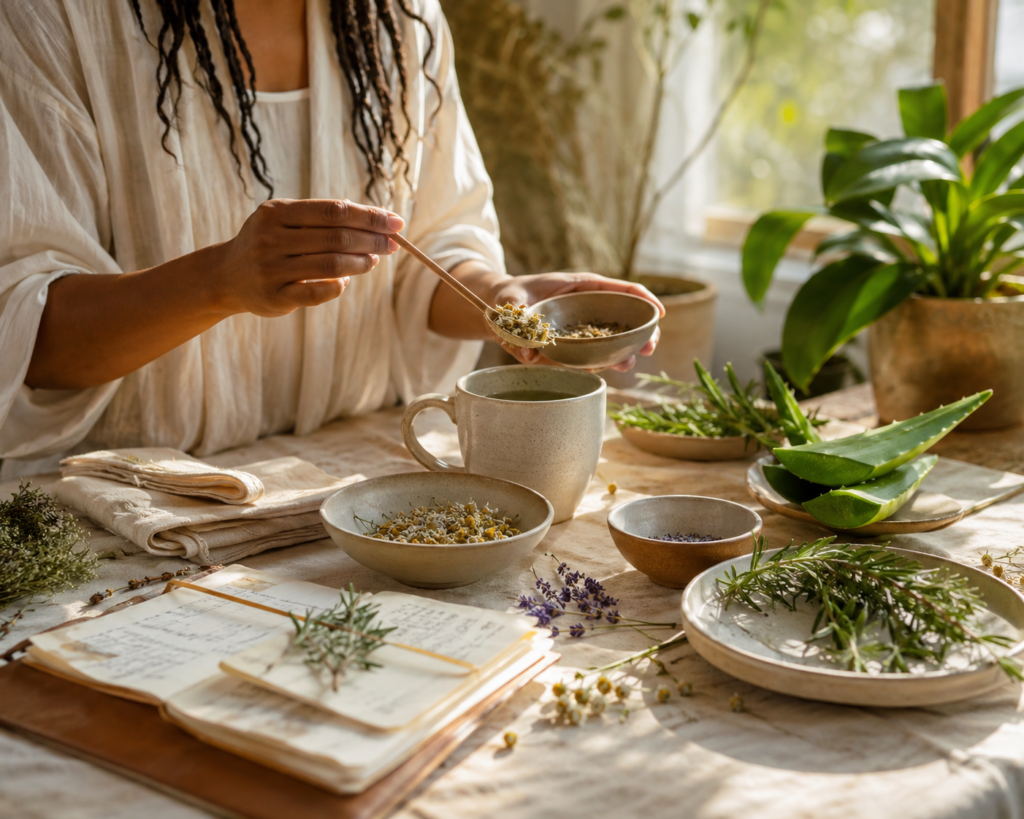 Person enjoying a peaceful botanical wellness ritual with herbs and herbal tea in natural morning light.