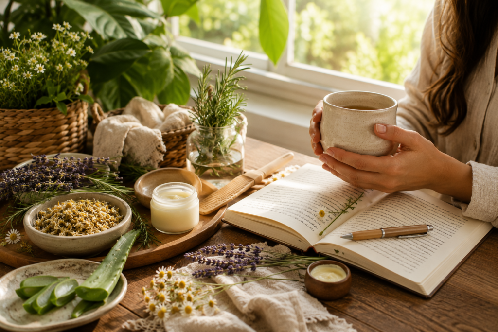 Peaceful morning herbal self-care ritual beside a bright window with fresh botanicals and natural wellness essentials.