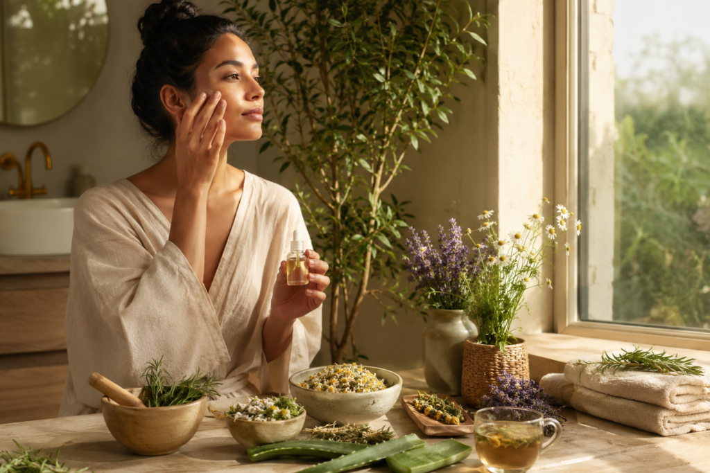 Person enjoying a mindful botanical beauty ritual in a peaceful sunlit home.