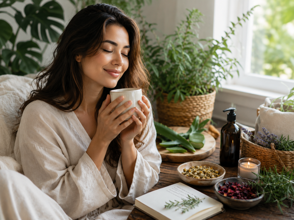 Person enjoying a peaceful botanical-inspired relaxation ritual in a naturally lit home.