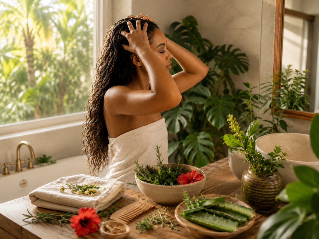 How to Build a Root-to-Soul Hair Care Ritual Woman practicing a mindful root-to-soul hair care ritual with botanical herbs.