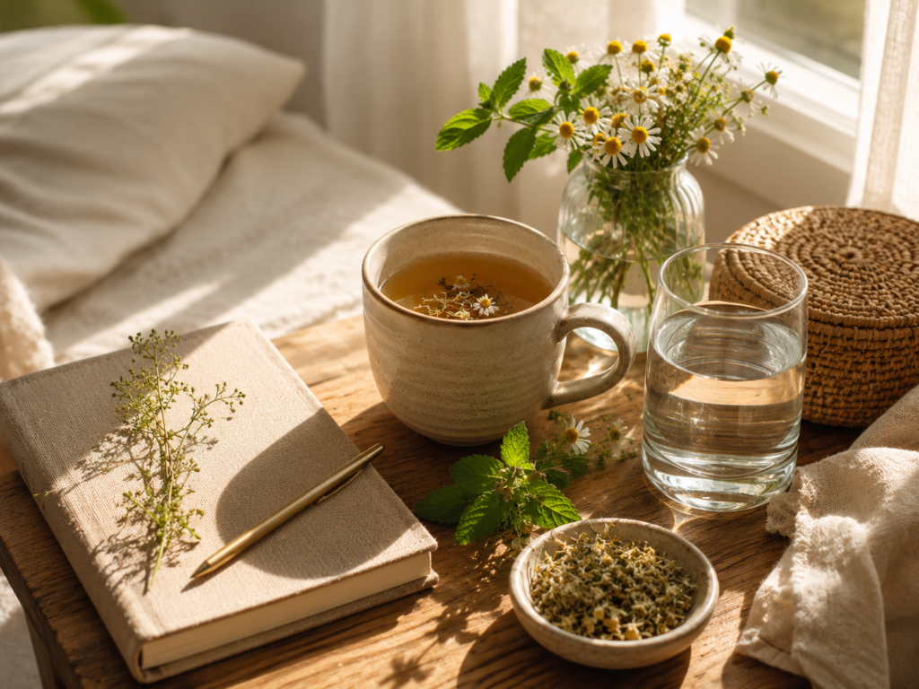 How to Create a Morning Wellness Ritual With Botanical Support Morning botanical wellness ritual with herbal tea, journal, and natural sunlight.