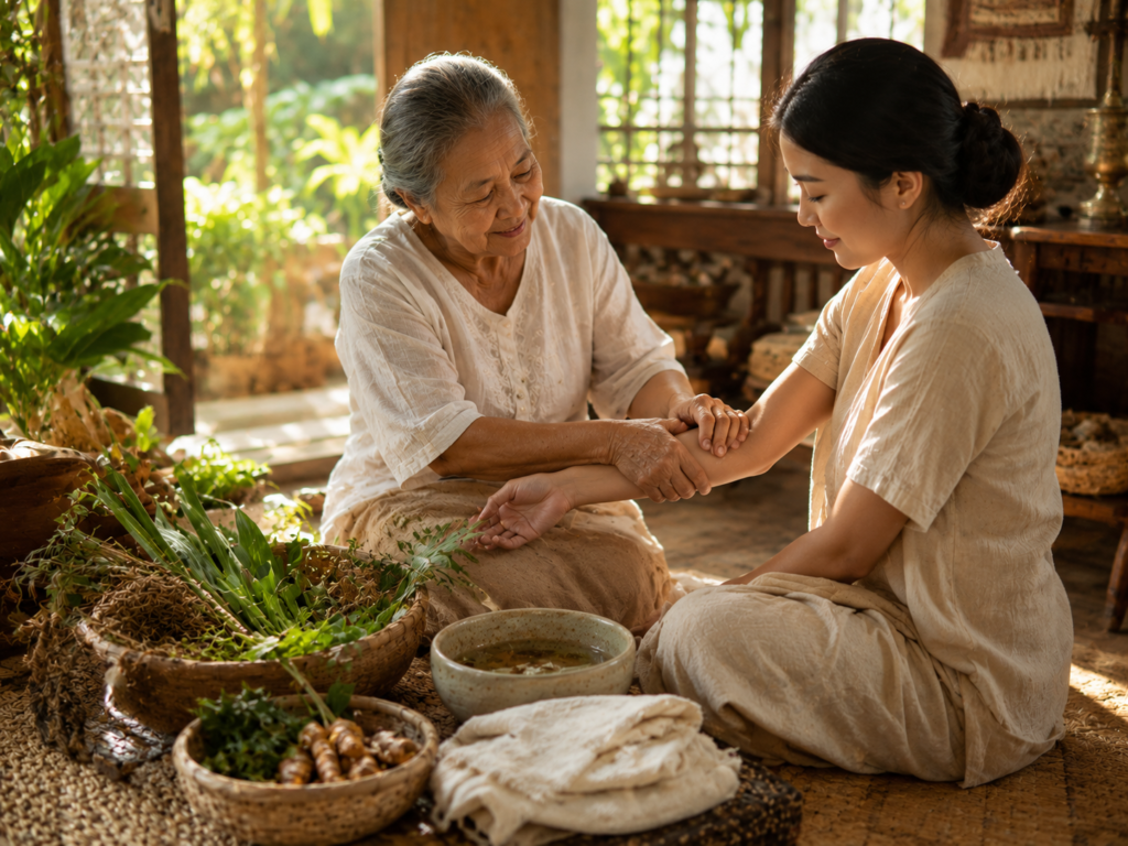 Filipino grandmother passing traditional Hilot healing knowledge to the next generation.