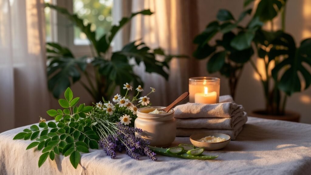 Natural herbal balm surrounded by botanical ingredients during a calming evening self-care ritual.