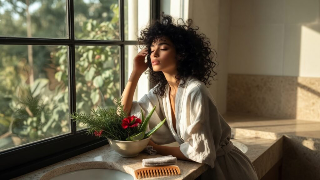Woman with naturally defined curls enjoying a botanical-inspired morning hair care ritual.