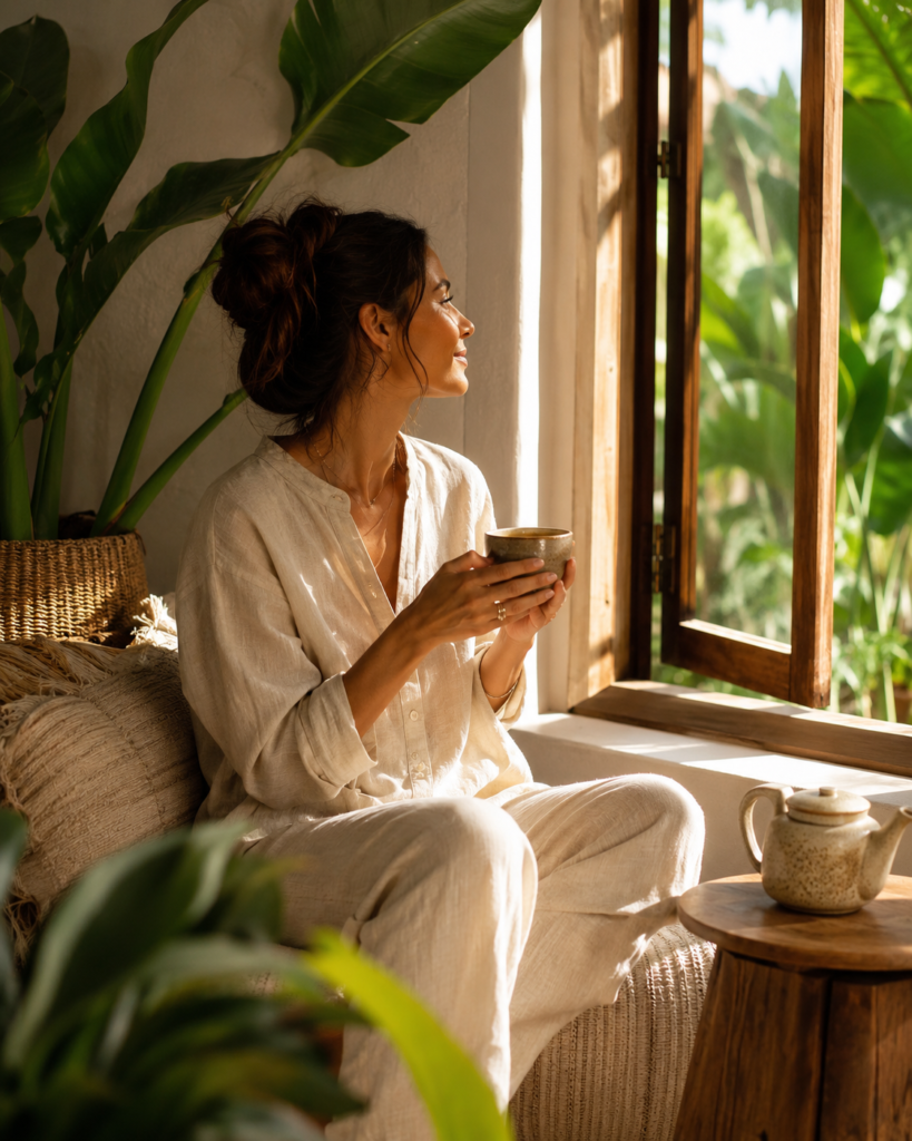 Morning wellness ritual featuring herbal tea and mindful relaxation.