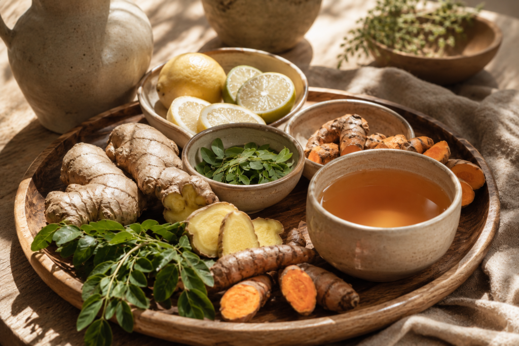 Fresh herbal ingredients commonly used in natural wellness rituals.