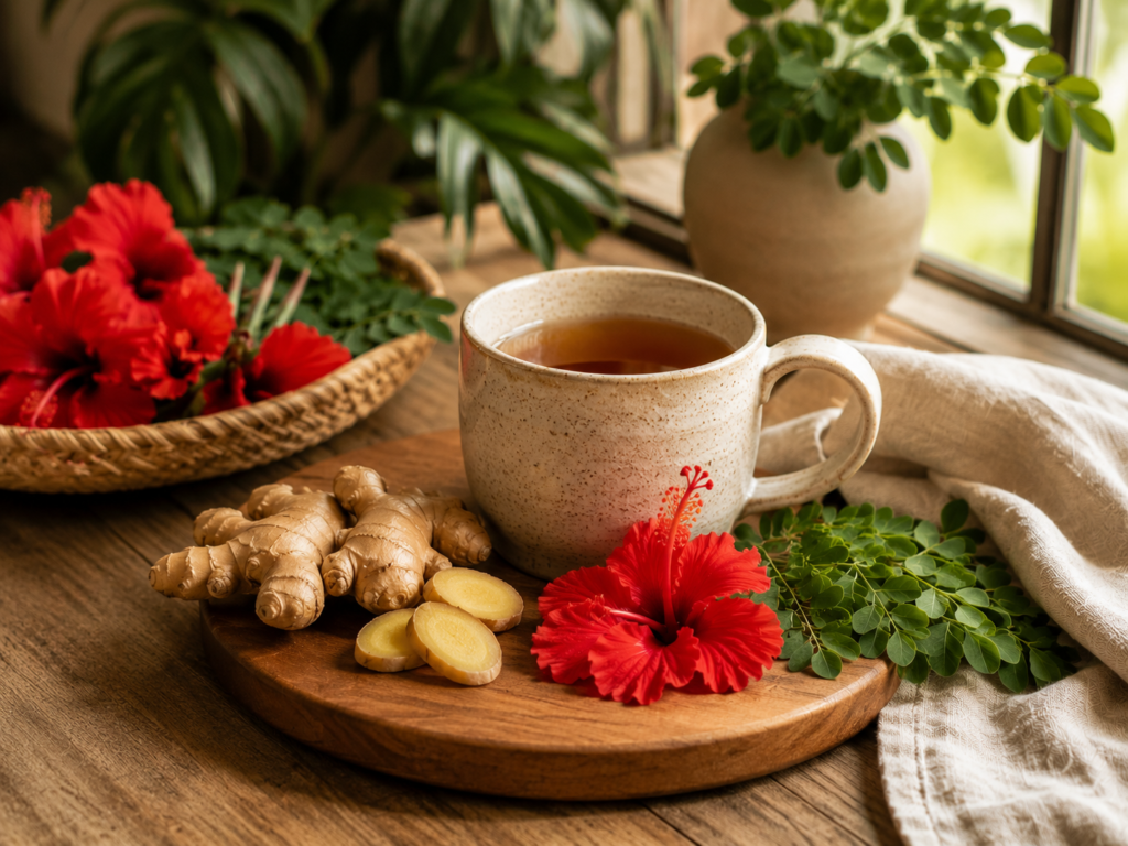 Relaxing afternoon herbal tea ritual with fresh botanicals.