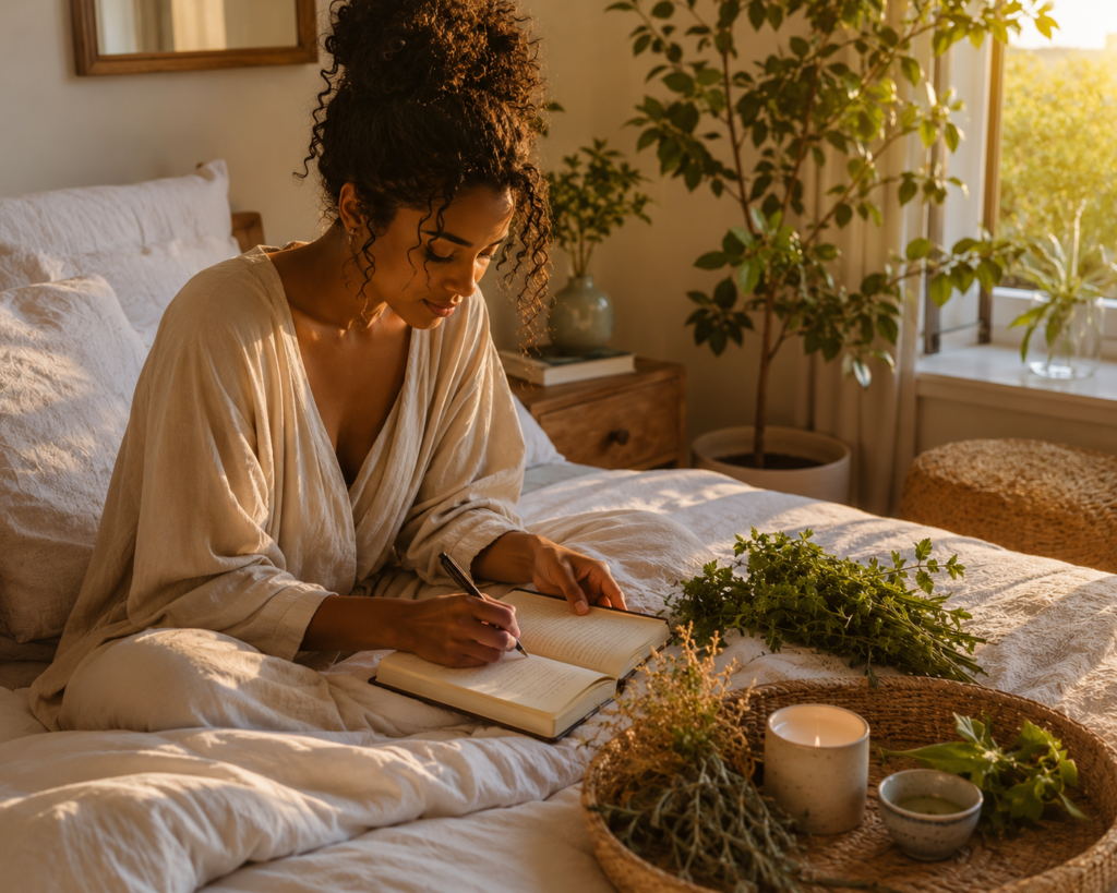 Woman journaling as part of an intentional evening wellness routine.