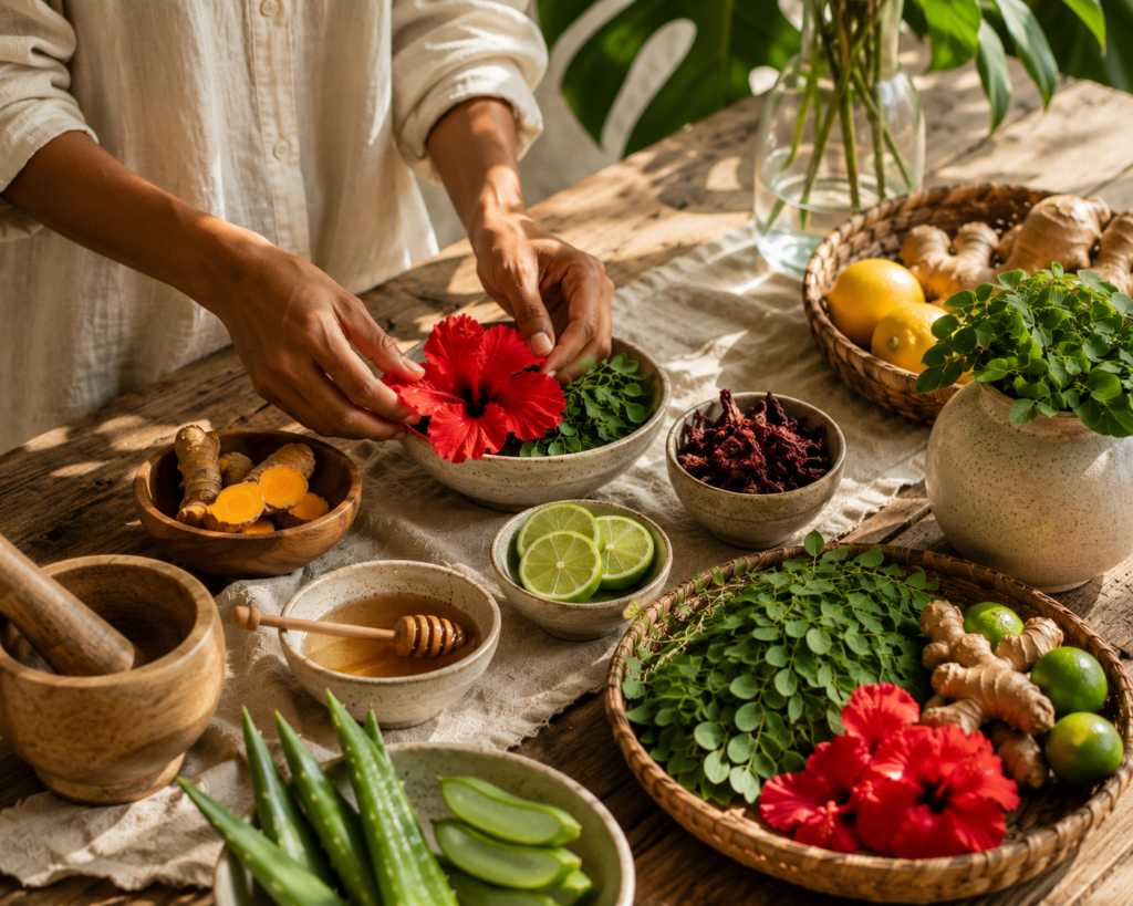 Hands preparing fresh botanicals for a mindful wellness ritual.
