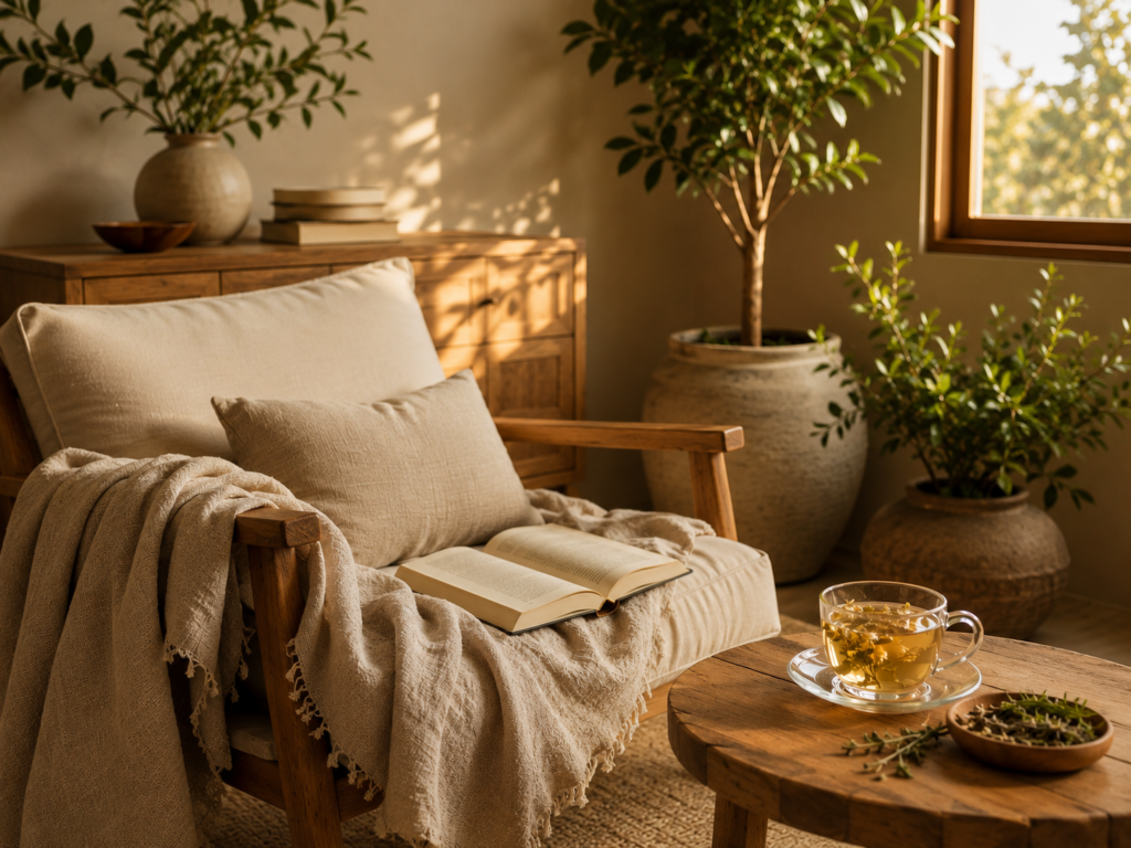 Relaxing screen-free reading corner with herbal tea and indoor plants.