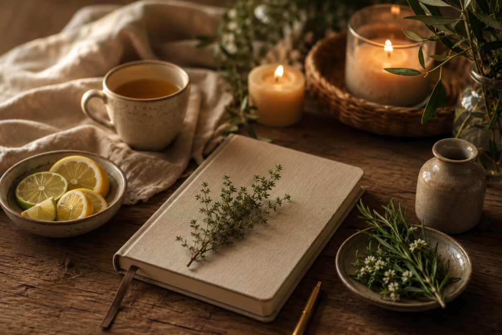 Evening wellness journal and herbal tea arranged for mindful reflection.