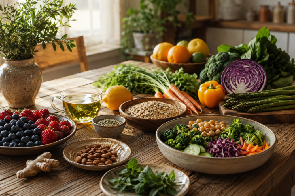 Fresh whole foods and herbs arranged for healthy daily meals.