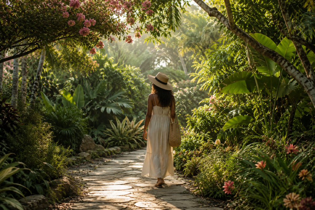 A person enjoying a mindful walk through a lush botanical garden.