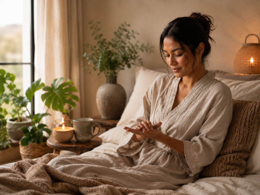 Person applying herbal balm during a peaceful evening self-care routine.