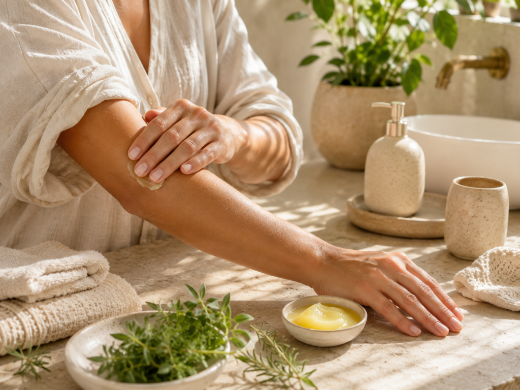 Applying herbal balm to nourish dry skin as part of a daily skincare routine.