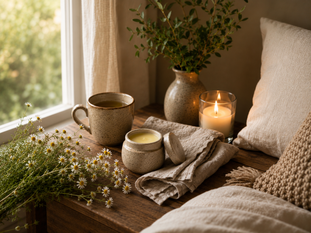 Peaceful bedside wellness setup featuring herbal balm and calming botanical elements.